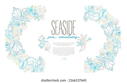 Vector semicircular frame, border of line art tropical sea elements, seashells, starfish. Doodles of marine life. Sea decor for scrapbook, card, illustration, design. Ocean, sea creatures. Maritime