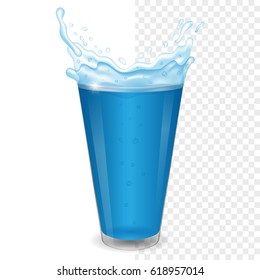 Vector semi-transparent glass with splashes of water on white and transparent background. Realistic vector.