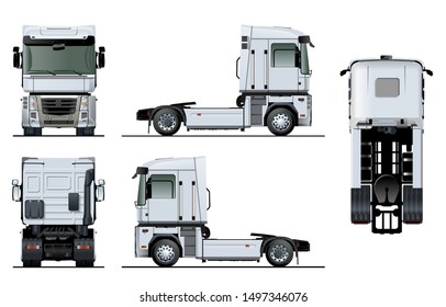 Vector semi-truck template isolated on white. Side, front, back, top view. EPS-10 separated by groups and layers for easy edit