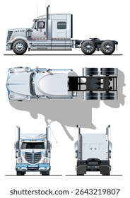 Modelo de semircaminhão vetor isolado em branco. Vista lateral, frontal, traseira, superior. EPS-10 separado por grupos e camadas para facilitar a edição
