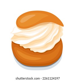 Vector semla icon, traditional swedish bun, scandinavians sweets, illustration of choux roll with whipped cream for poster, banner, menu design.