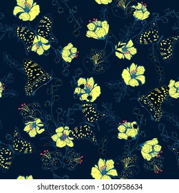 Vector semleass pattern flower and butterflies with dash and embroidery technic beautiful delicate  for fashion wallpaper and ect.Stylish yellow flower on dark blue.