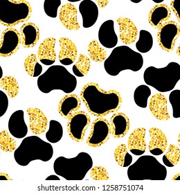 Vector semless golden sparkle pattern with dogs theme elements in graphic design illustration
