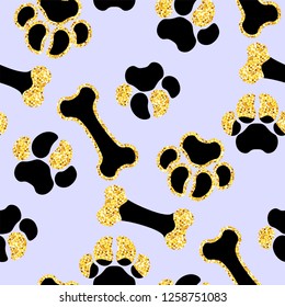 Vector semless golden sparkle pattern with dogs theme elements in graphic design illustration