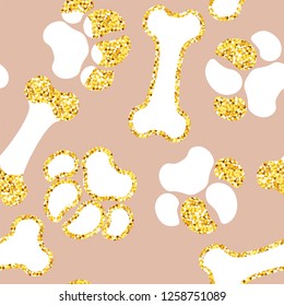 Vector semless golden sparkle pattern with dogs theme elements in graphic design illustration