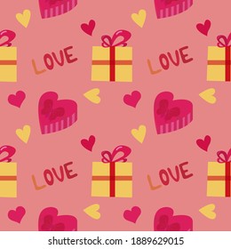 Vector semless pattern with baloons, red hearts, stars, arrows, present boxes on pastel rose background. Cute design for Valentine's day or Birthday