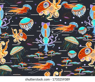 Vector semless pattern. Bioluminescence deep underwater sea animals. Jellyfish, octopus, squid, calamary.