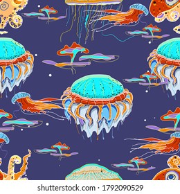Vector semless pattern. Bioluminescence deep underwater sea animals. Jellyfish, octopus.