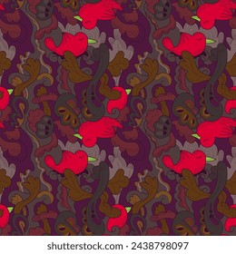 Vector semless pattern with birds and abstract nature leaves for apparel items, print for fabric, background