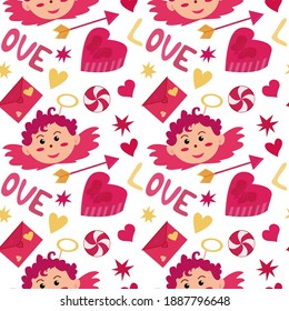 Vector semless pattern with cupid, rose hearts, stars, presents, love letters and sweets on white background. Cute design for Valentine's day