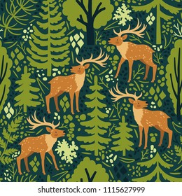 Vector semless pattern with cute deer, trees, branches and floral elements. Forest repeated texture with childish cartoon characters. Natural background with animals.