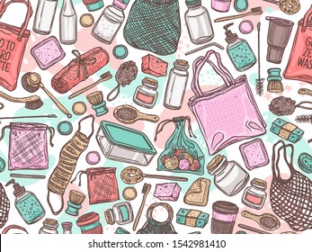 Vector semless pattern of durable items and products for zero waste lifestyle. Ecological, recycle and reused collection of isolated objects for home, shopping and cosmetics. Linear hand drawn doodle