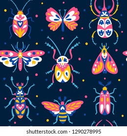 Vector semless pattern with folk insects. Endless repeated texture with butterfly, bugs, dragonfly, bee, mole. Blue folk background.