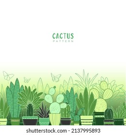 Vector semless pattern with green types of cacti and aloe home plants in decorative pots with ornament. Flat doodle design of succulent