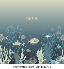 Vector semless pattern or illustration group of fish various shapes with sea plants, coral, and shells. Marine life. Ocean floor. horizontal banner or background. Bottom of the sea.