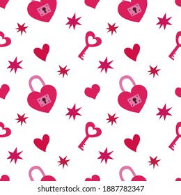 Vector semless pattern with rose lock in shape of hearts, stars, keys, on white background. Cute design for Valentine's day