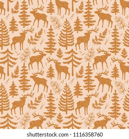 Vector semless pattern with silhouttes of deer, trees and branches. Forest repeated texture with elegant animals and floral elements. Natural background with elks.