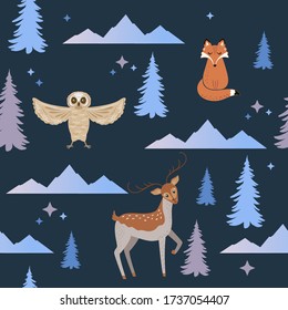 Vector sempless pattern with cute deers, fir trees and mountains. Winter wrapping paper with animals.