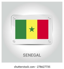 Vector Senegal Flag glass plate with metal holders - Country name label in bottom - Gray background vector illustration