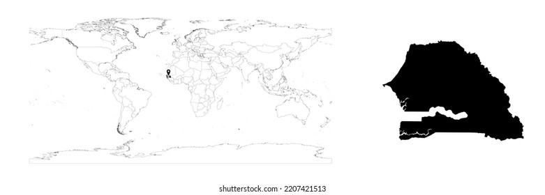 Vector Senegal map showing country location on world map and solid map for Senegal on white background. File is suitable for digital editing and prints of all sizes.