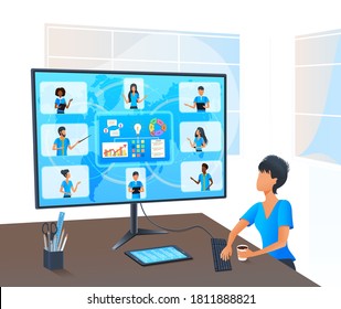 Vector, Senior Business Woman In Video Call With Diverse Multiracial Colleagues On Online Meeting. Business Team In Video Conference. Virtual Classroom. Workshop Training. Working Remotely From Home