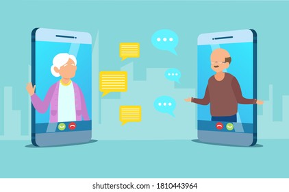 Vector of a senior couple man and woman communication using smart phone video call, chatting online 