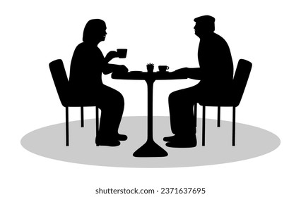 “SHOTLISTS3niorLife”. Vector of senior couple sitting at table and drinking coffee in cafe. Happy elderly couple talking and enjoying a cup of coffee in cafe. Black silhouettes and white background.