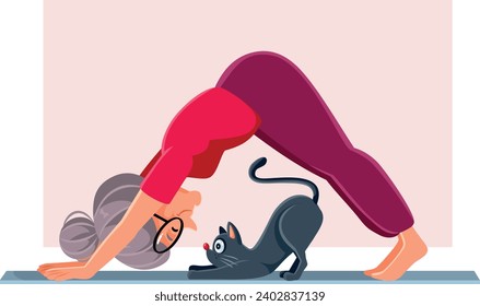 
La anciana vectora haciendo ejercicio en una alfombra de yoga con su gato
Mujer de edad avanzada manteniendo su flexibilidad siendo físicamente activa 
