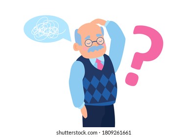 Vector of a senior man feeling confused having short term memory loss difficulty concentrating