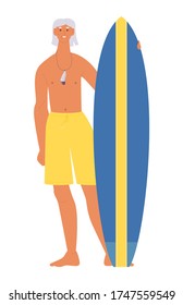 Vector senior men with stand up paddle board. Flat concept character