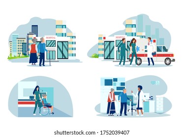 Vector of senior people grandmother and grandfather being admitted in a hospital and assisted by doctor and nurses 