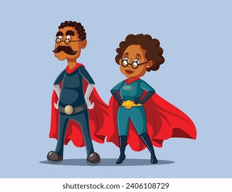 
Vector Senior Superhero Couple of African Ethnicity Wearing Red Capes. Two heroic grandparents standing in confidence and bravery 
