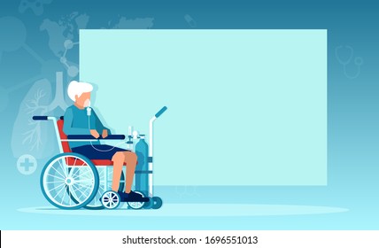 Vector of a senior woman with chronic obstructive pulmonary disease sitting in a wheelchair receiving oxygen therapy 