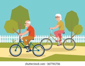 Vector senior  woman and man riding a tandem bike in the style of low poly isolated on a white background