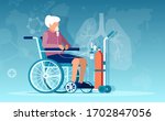 Vector of a senior woman sitting in wheelchair having respiratory difficulties on oxygen therapy 