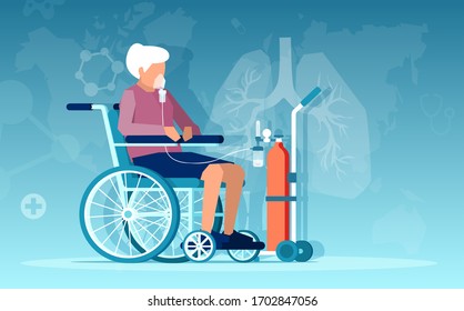 Vector of a senior woman sitting in wheelchair having respiratory difficulties on oxygen therapy  - Shutterstock ID 1702847056