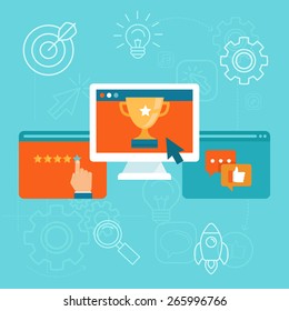 Vector seo concept in flat style - top ranking website on the screen of computer - positive customer reviews and good ratings
