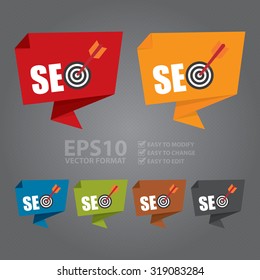 Vector : SEO With Dart Hitting a Target Bullseye Paper Origami Speech Bubble or Speech Balloon Infographics Sticker, Label, Sign or Icon