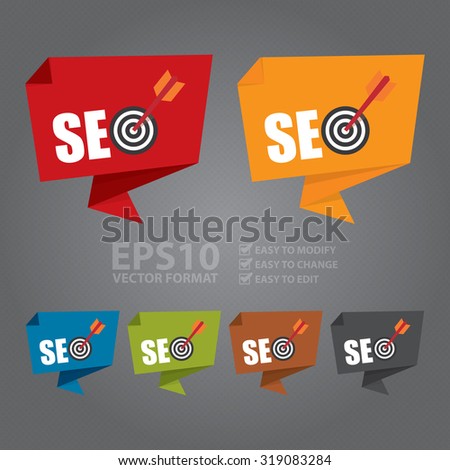 Vector : SEO With Dart Hitting a Target Bullseye Paper Origami Speech Bubble or Speech Balloon Infographics Sticker, Label, Sign or Icon