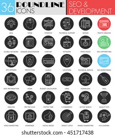 Vector SEO and development circle white black icon set. Modern line black icon design for web