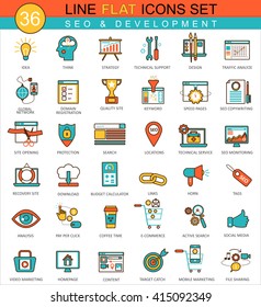 Vector SEO development flat line icon set. Modern elegant seo icons collection.