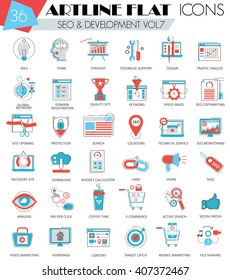 Vector SEO and development ultra modern outline flat line icons for web and apps. 