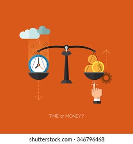 Vector seo flat and colorful business time or money scales concept. Icons for web design, mobile applications, social media, infographics and internet advertising.