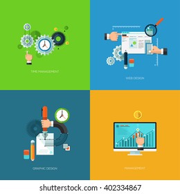 Vector seo flat and colorful business concepts for graphic design, management, web design and time management. Design elements for web and mobile applications, infographics and workflow layout