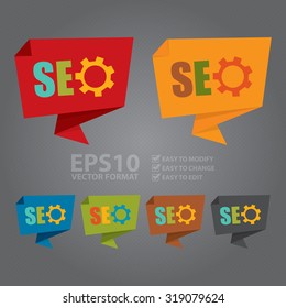 Vector : SEO With Gear Paper Origami Speech Bubble or Speech Balloon Infographics Sticker, Label, Sign or Icon