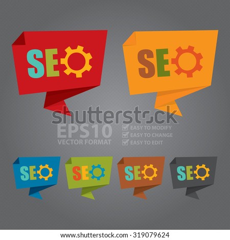 Vector : SEO With Gear Paper Origami Speech Bubble or Speech Balloon Infographics Sticker, Label, Sign or Icon
