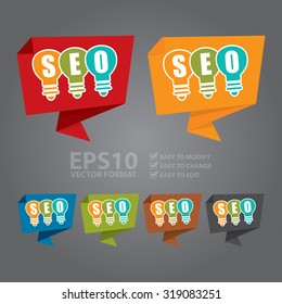 Vector : SEO With Light Bulb Paper Origami Speech Bubble or Speech Balloon Infographics Sticker, Label, Sign or Icon