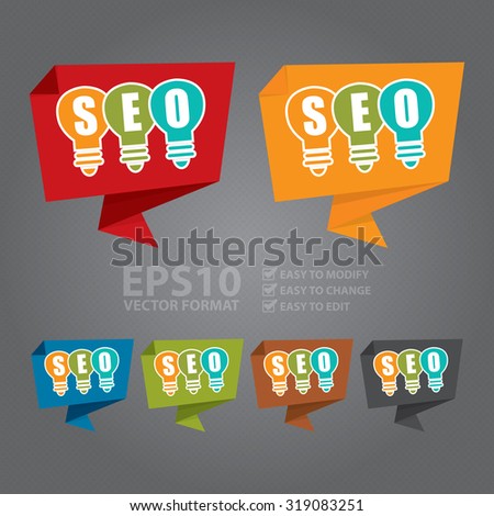 Vector : SEO With Light Bulb Paper Origami Speech Bubble or Speech Balloon Infographics Sticker, Label, Sign or Icon
