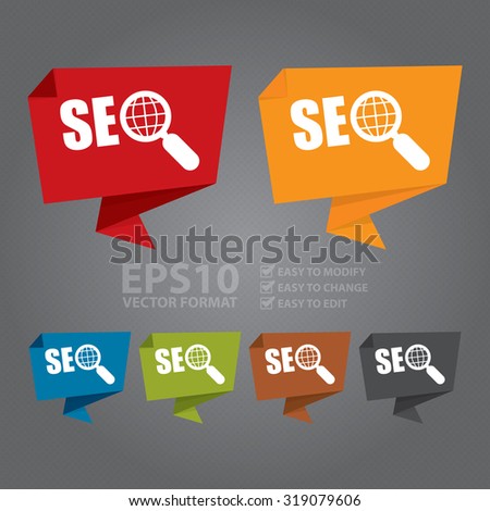 Vector : SEO With Magnifying Glass Paper Origami Speech Bubble or Speech Balloon Infographics Sticker, Label, Sign or Icon