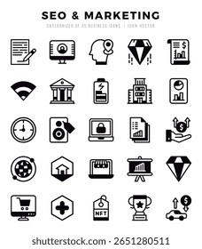 Vector de SEO y tipos de marketing conjunto de iconos en estilo Lineal relleno. Ilustración vectorial.